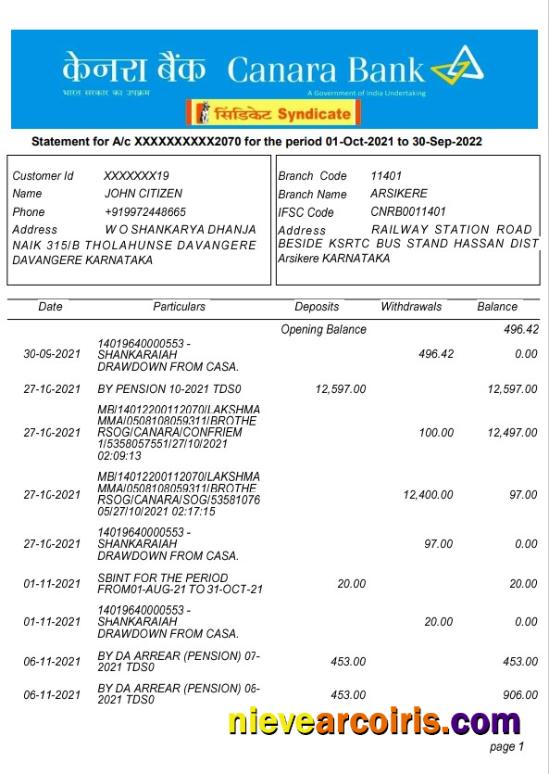 India Canara bank statement, Word and PDF format, 5 pages, version 2